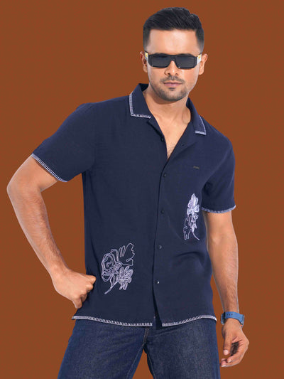 Deep Blue Flower Embroidery Viscos havana shirt