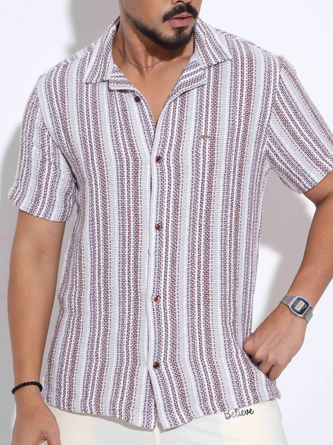 Cream Maroon stripe printed havana shirt