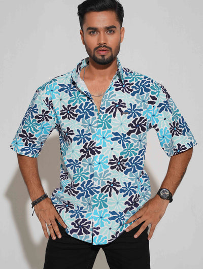 Turquoise blue flower printed drop shoulder half sleeve