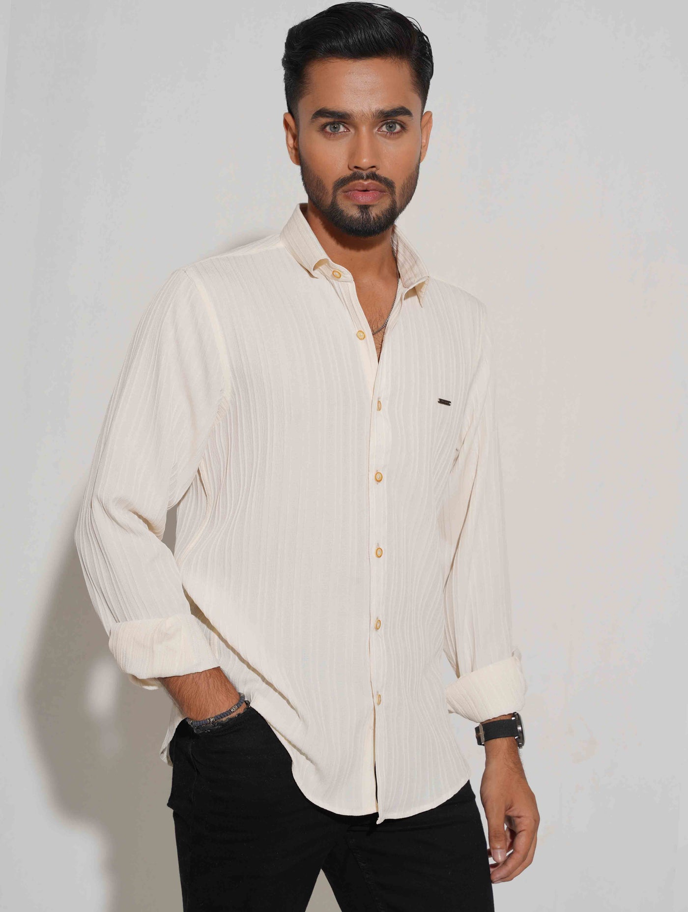 Pearl white stripe texture full sleeve shirt