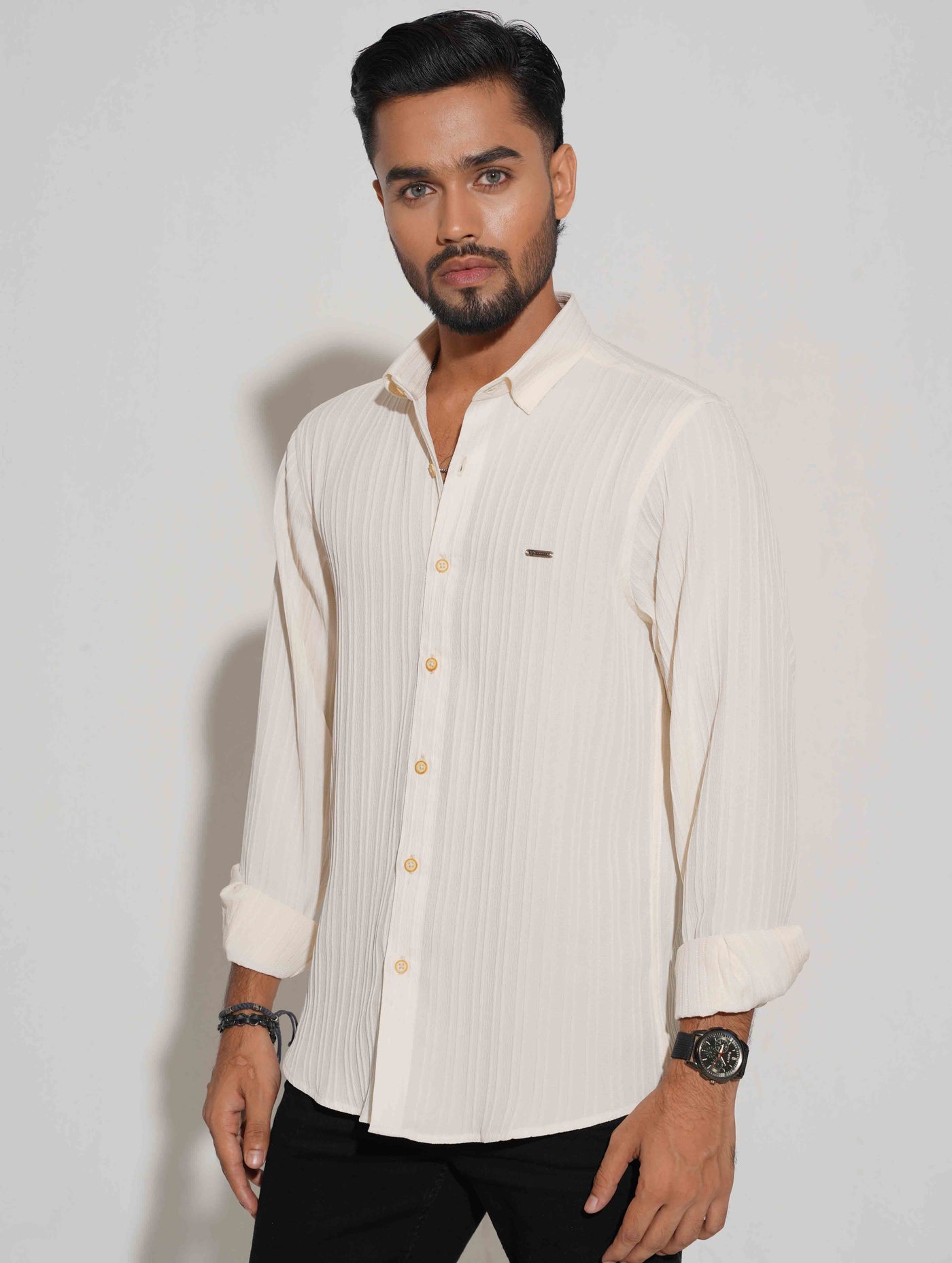 Pearl white stripe texture full sleeve shirt