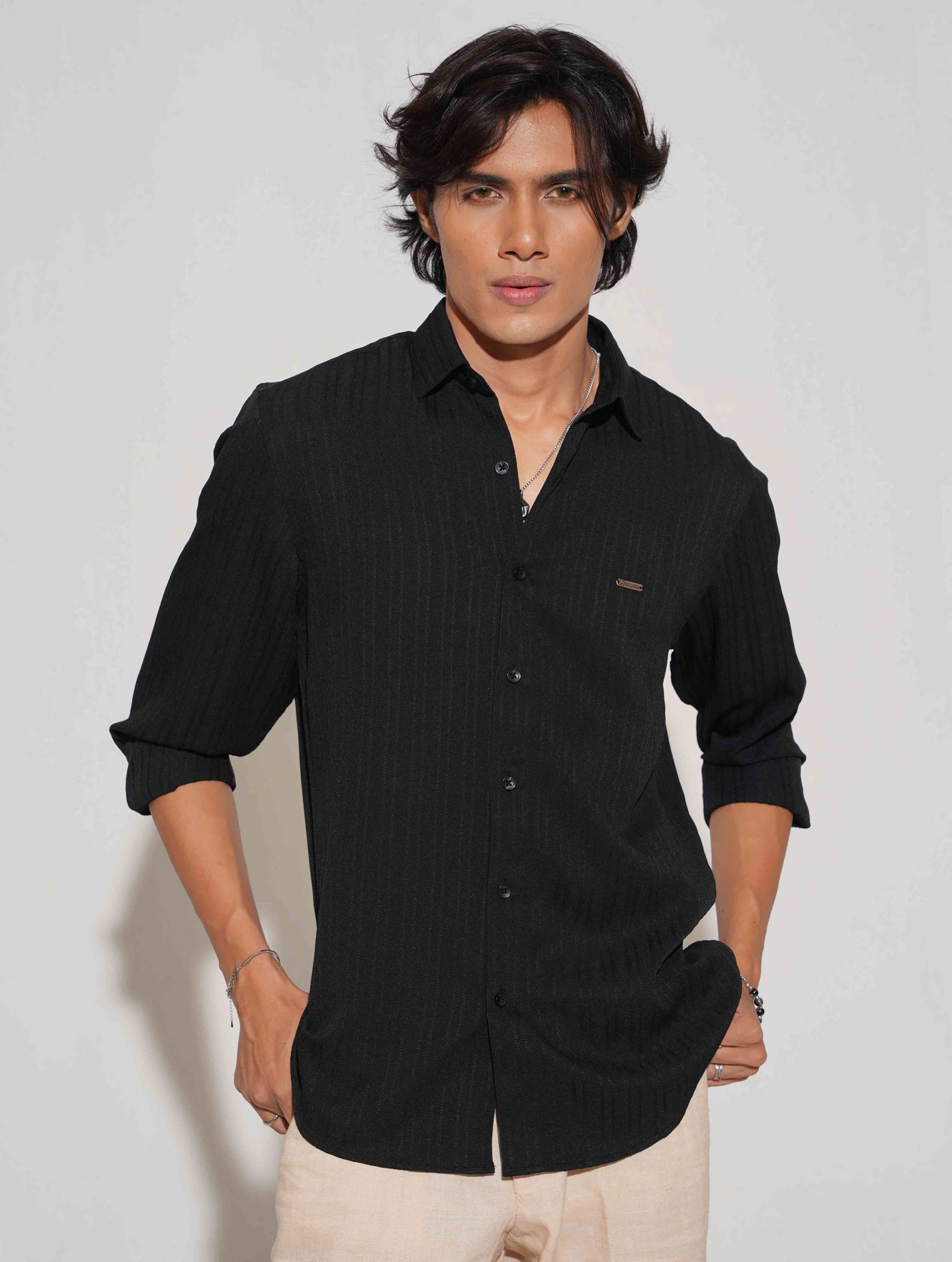 Jet black stripe texture viscos premium shirt