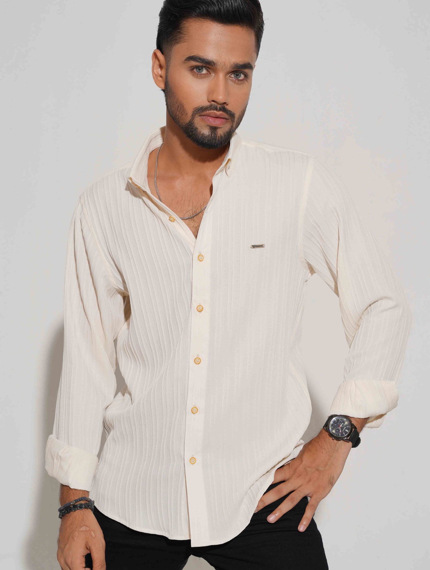 Pearl white stripe texture full sleeve shirt