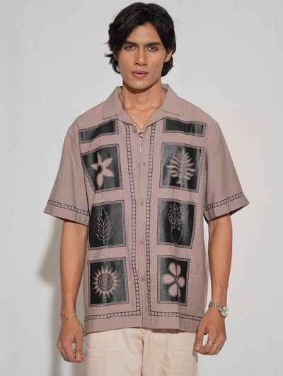 Beige Block Flower printed havana shirt