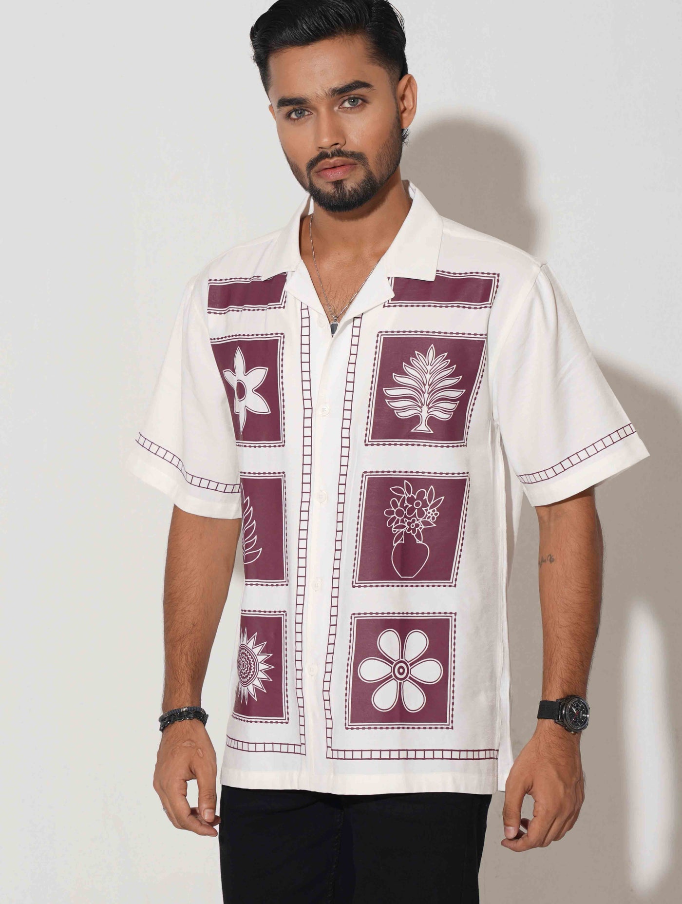 White Block Flower printed havana shirt