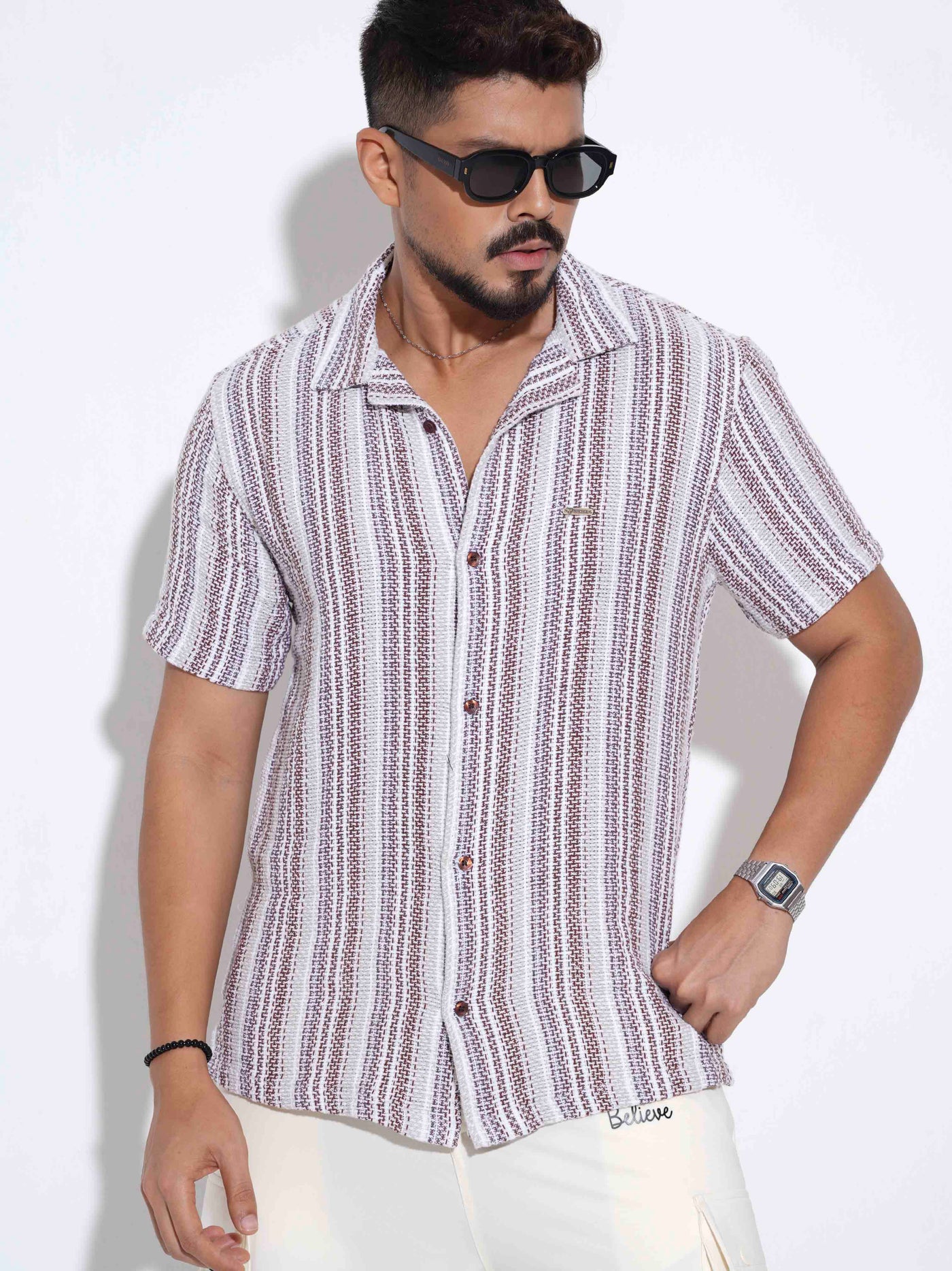 Cream Maroon stripe printed havana shirt