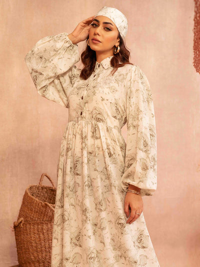 White Paste printed Female Long Gown