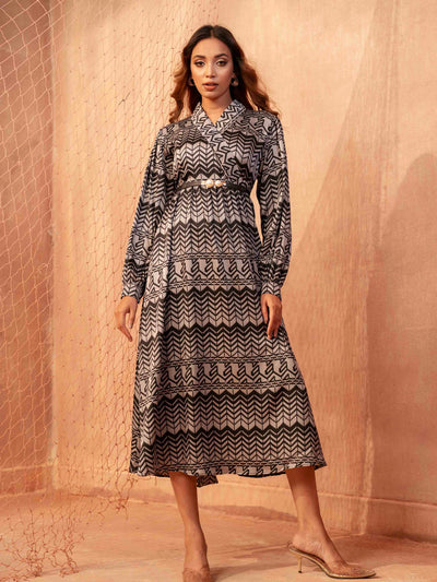Ash Color With Black Zigzag Printed Semi Long Dress