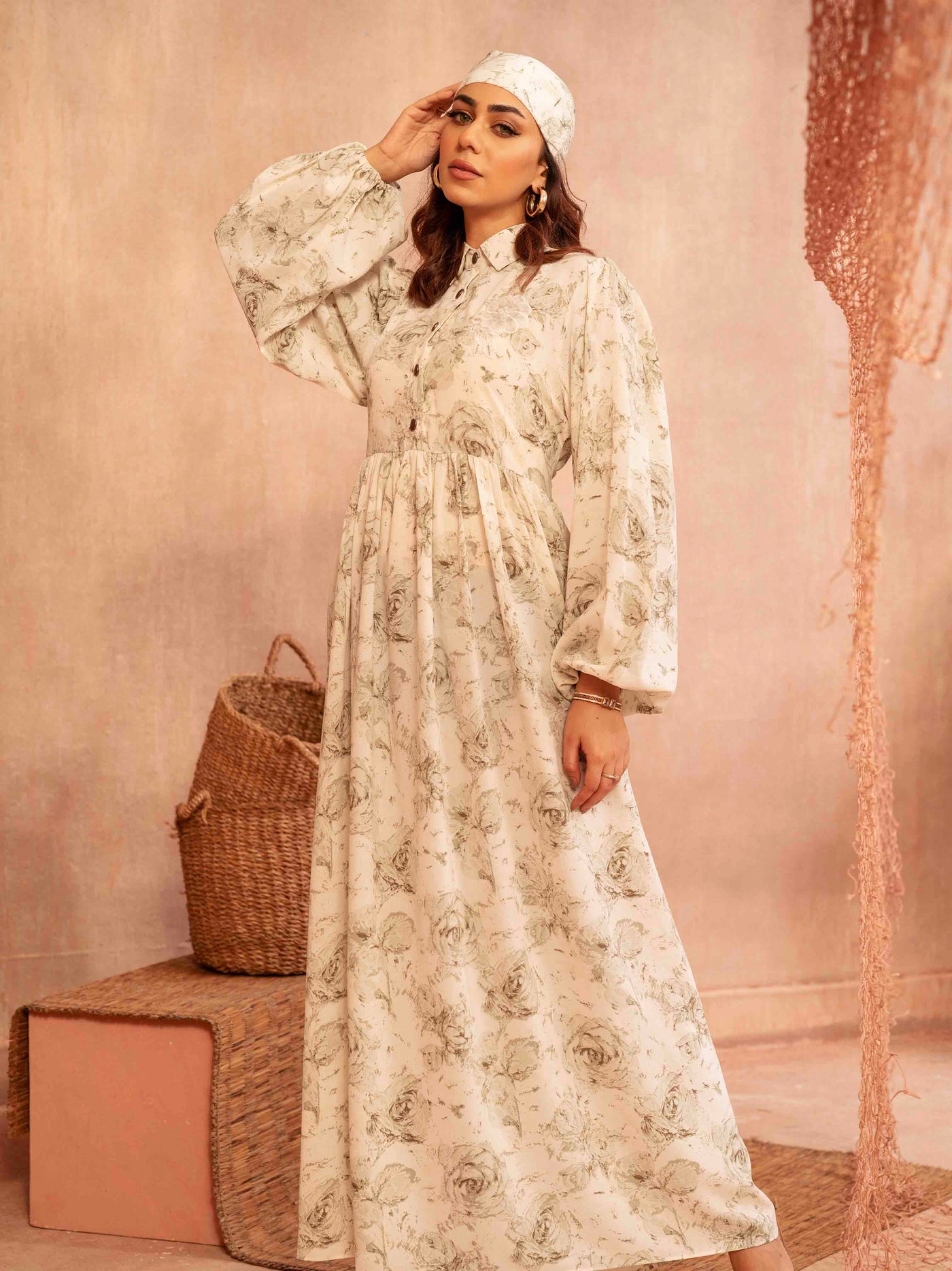 White Paste printed Female Long Gown