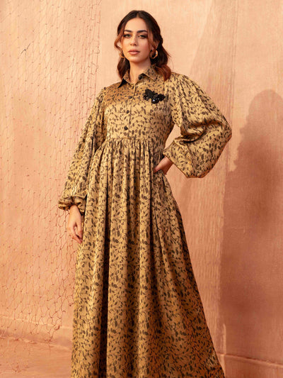 Golden leaf printed Female Long Gown