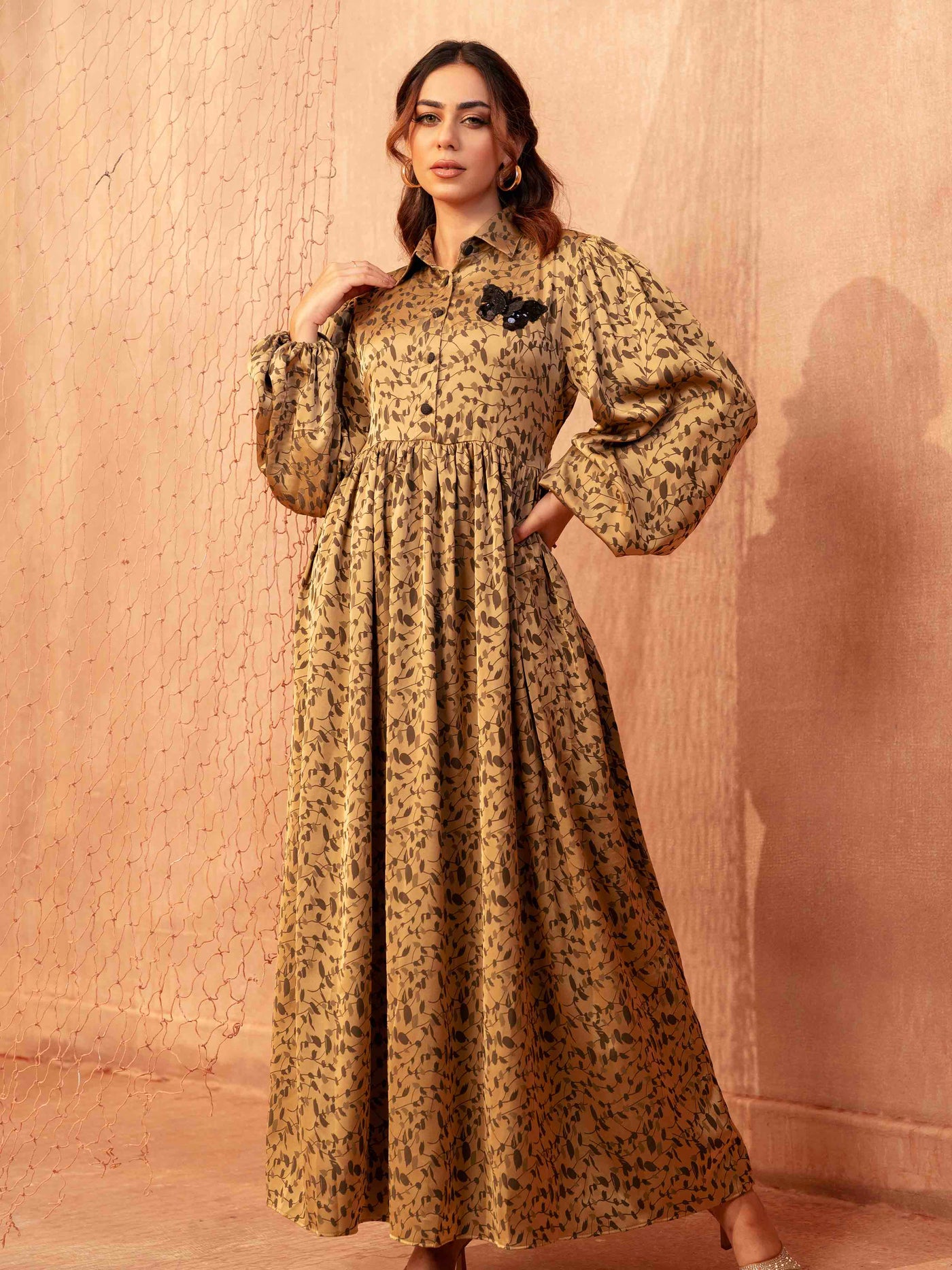 Golden leaf printed Female Long Gown