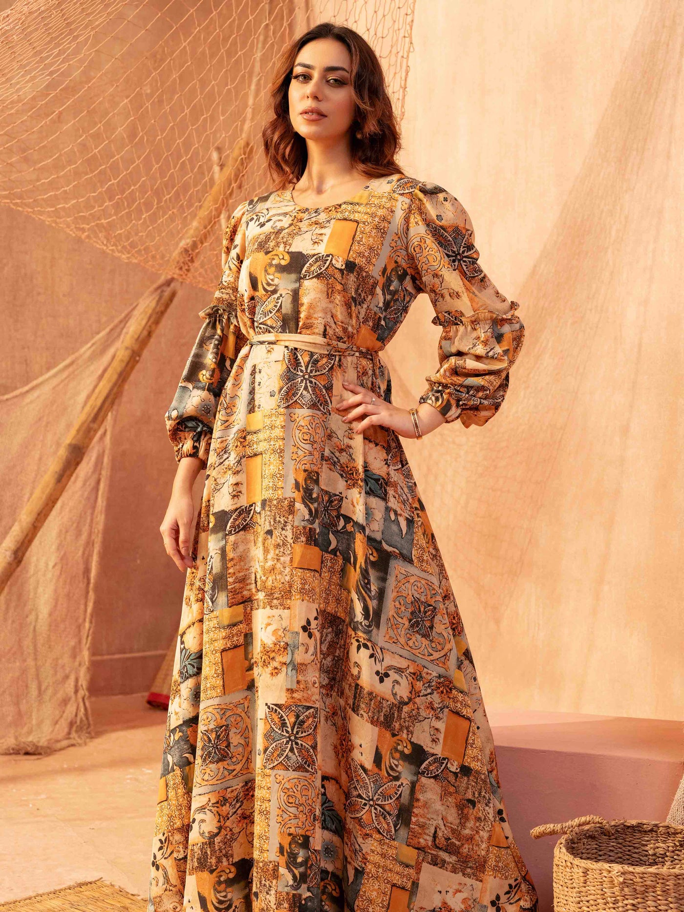 Orange Cream sankha printed Female Long Gown