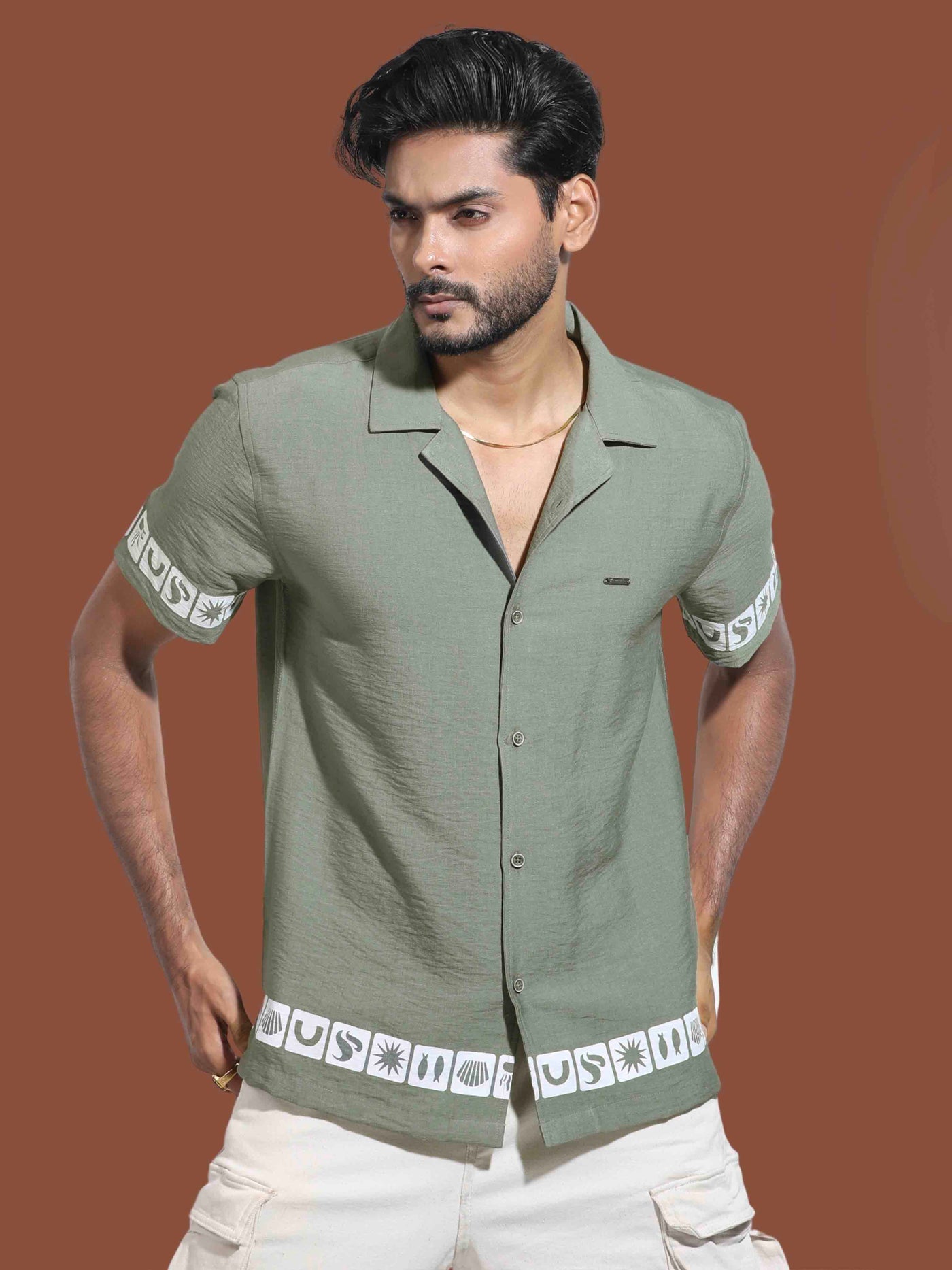 Olive color hand and waist printed Havana shirt